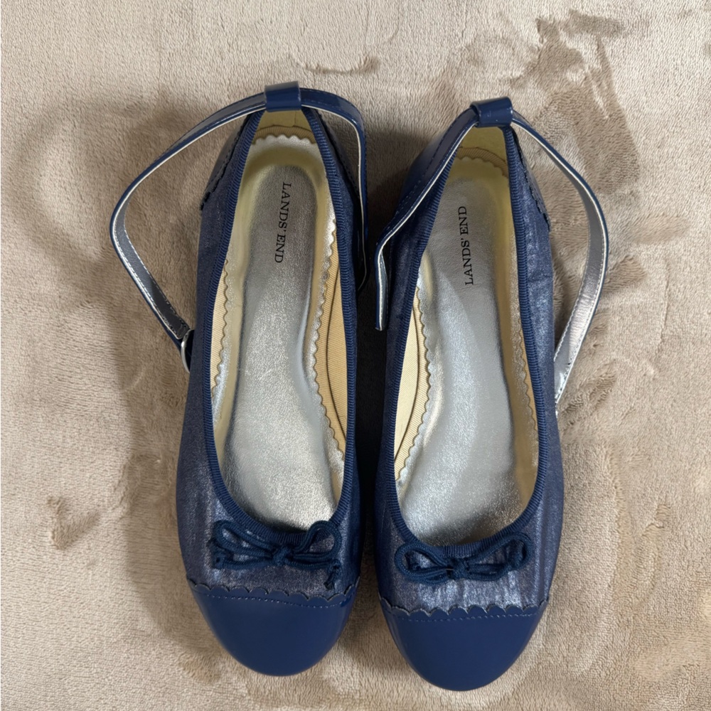 Lands' End Blue Suede Ballet Flats with Ankle Straps